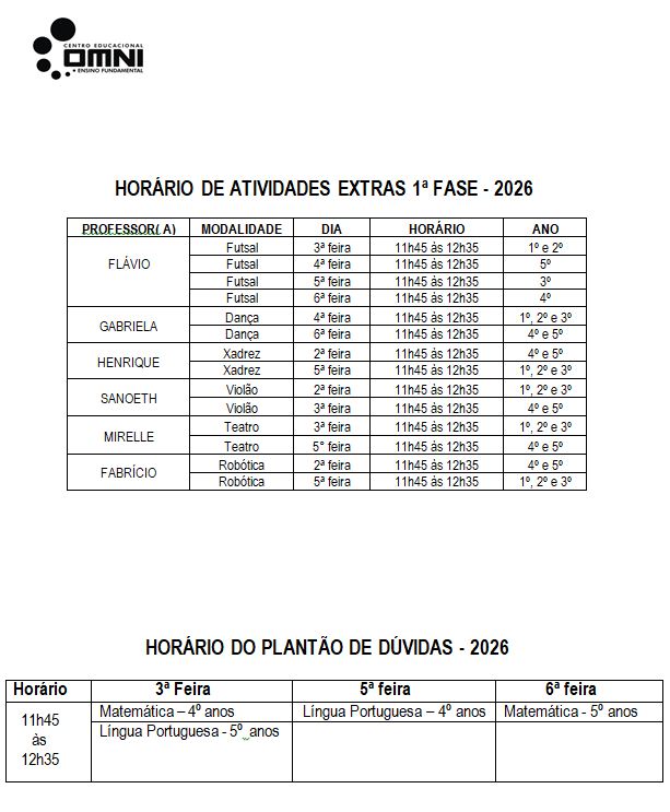 Quadro de horários das atividades extracurriculares do 1º ao 5º ano, 2026